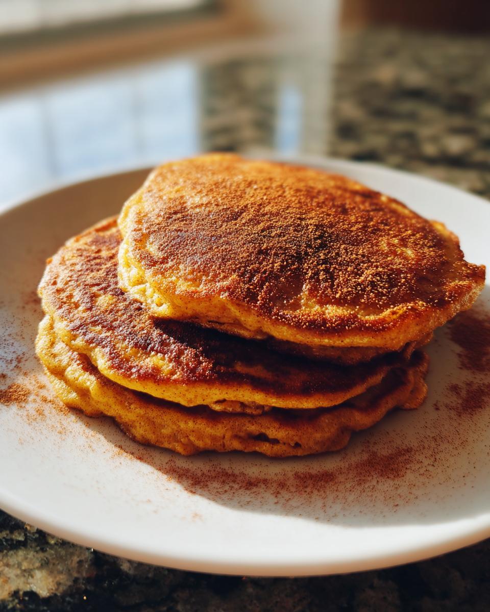 A stack of three golden-brown Healthy Vegan Flourless Apple Pancakes dusted heavily with cinnamon.