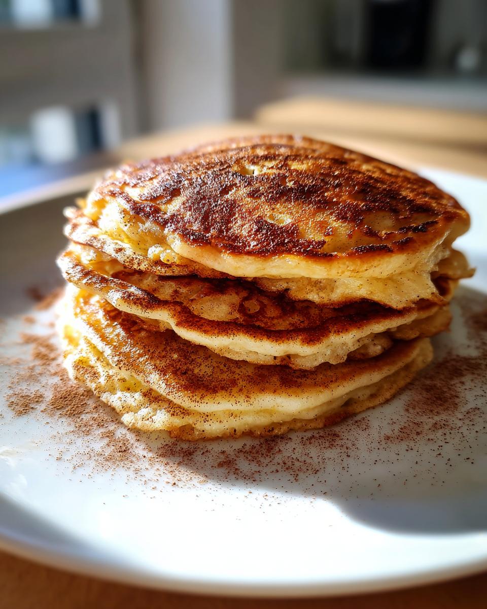 A stack of four golden-brown Healthy Vegan Flourless Apple Pancakes dusted heavily with cinnamon on a white plate.