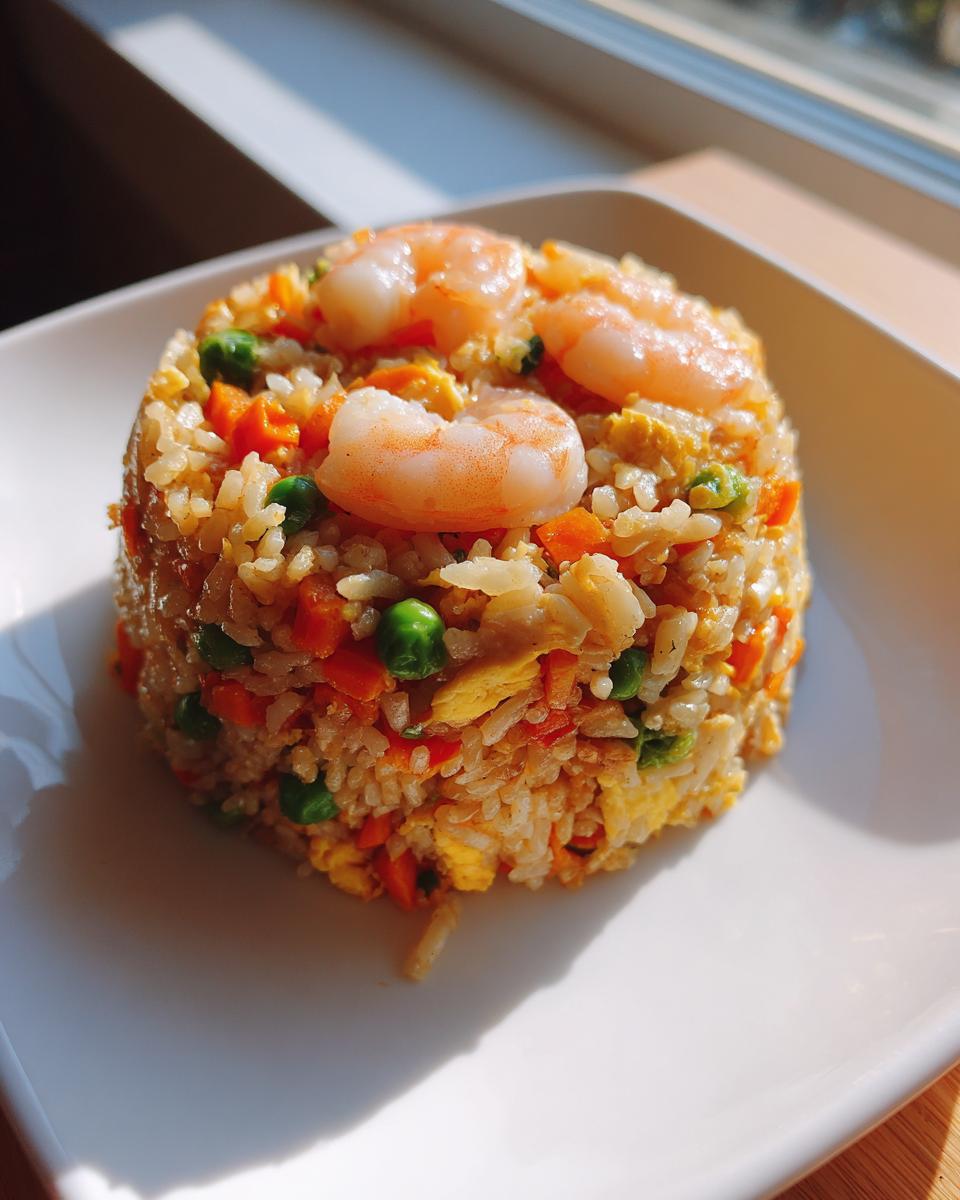 A molded serving of Healthy Weeknight Shrimp Fried Rice topped with three pink shrimp, peas, and carrots.