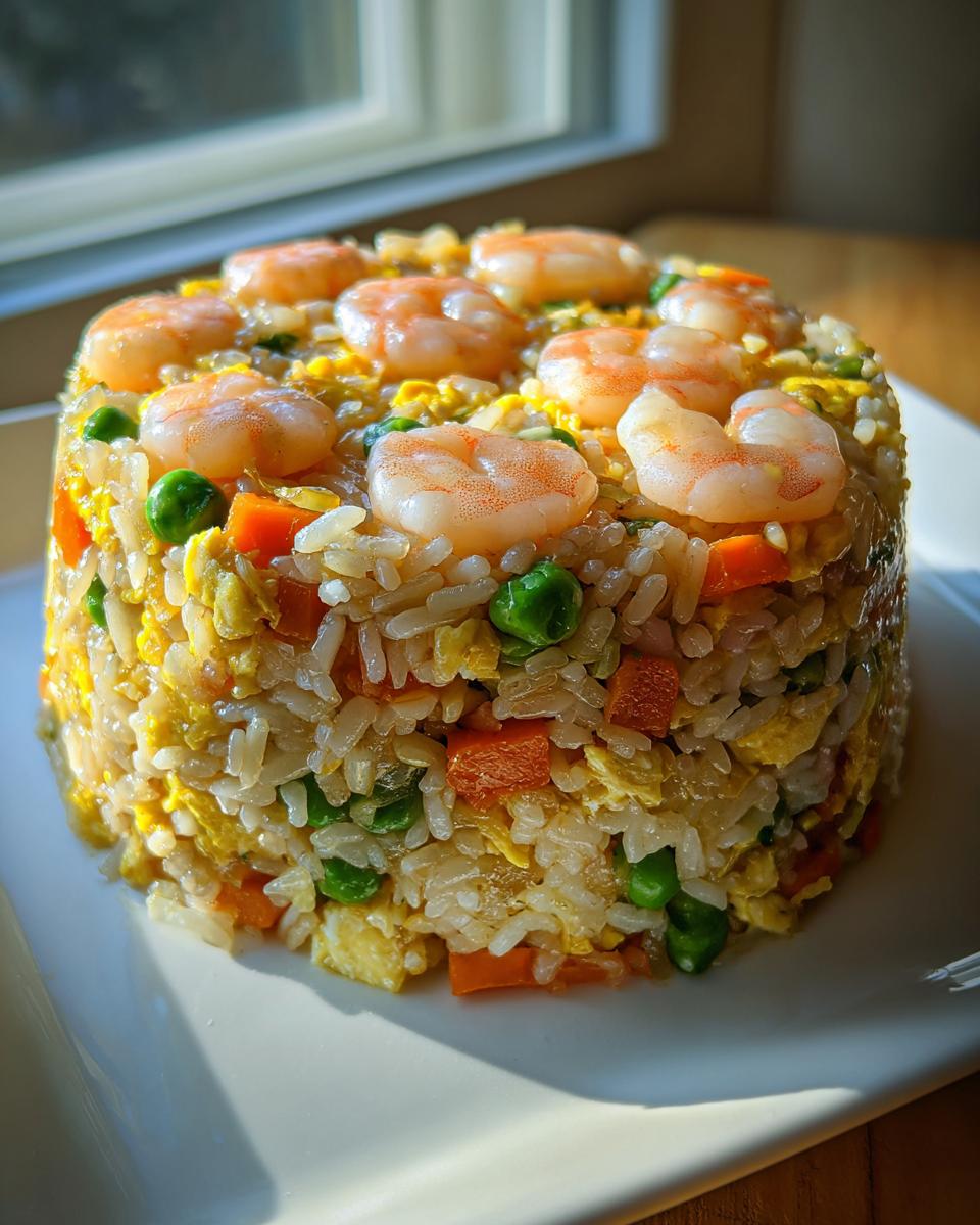A perfectly molded serving of Healthy Weeknight Shrimp Fried Rice topped with plump shrimp, peas, and carrots.