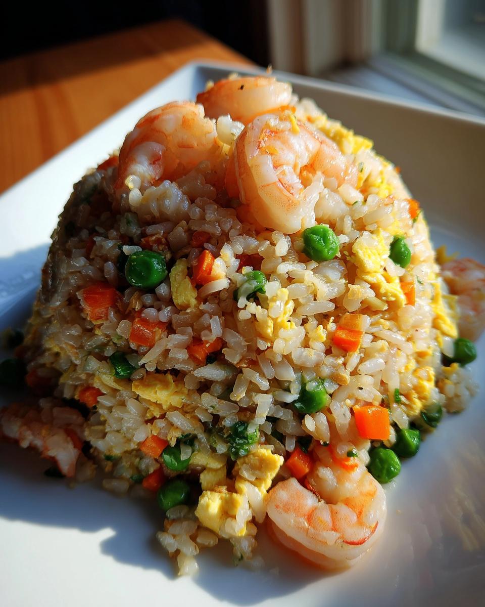 A mound of Healthy Weeknight Shrimp Fried Rice topped with large shrimp, peas, carrots, and scrambled egg.