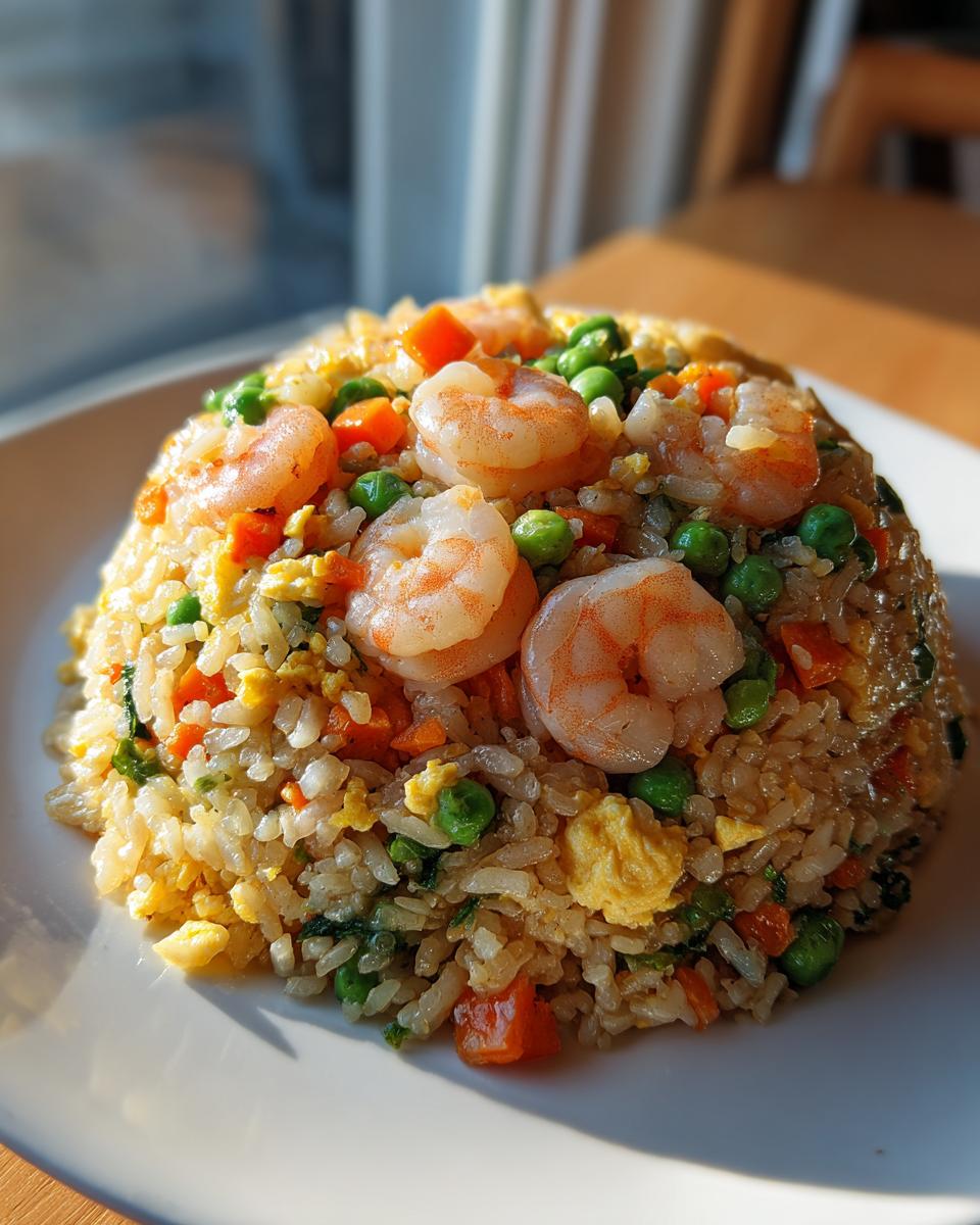 A perfectly molded serving of Healthy Weeknight Shrimp Fried Rice topped with plump shrimp, peas, and carrots.
