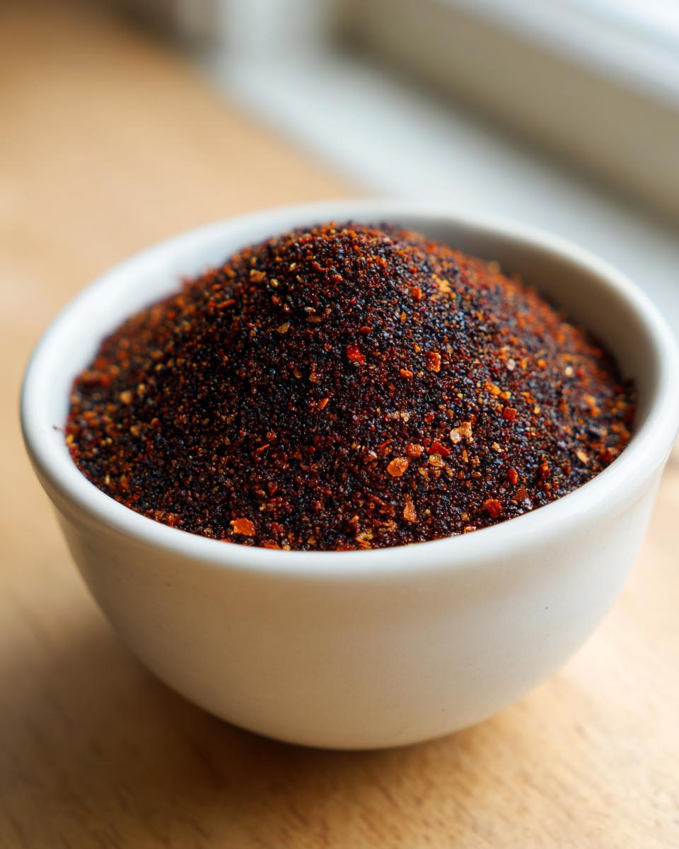 A close-up of a small white bowl filled with rich, dark Homemade Blackened Seasoning mix.