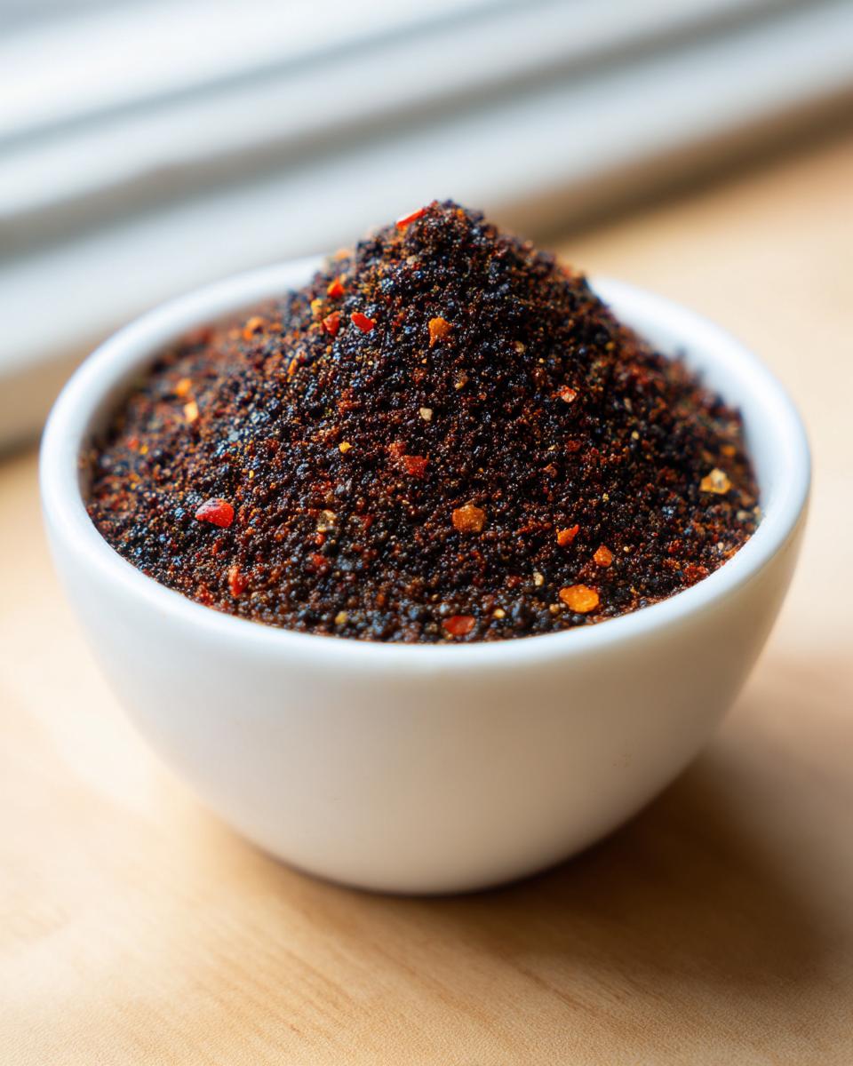 Close-up of a small white bowl filled with a mound of dark, rich Homemade Blackened Seasoning, featuring visible red pepper flakes.