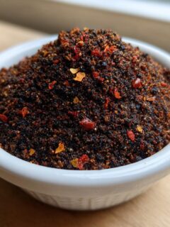 A close-up of a small white bowl overflowing with dark, richly spiced Homemade Blackened Seasoning, featuring visible red pepper flakes.