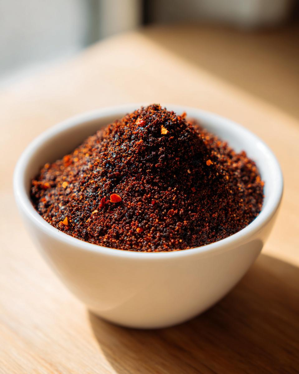 Close-up of a mound of deep red Homemade Blackened Seasoning powder in a small white bowl.