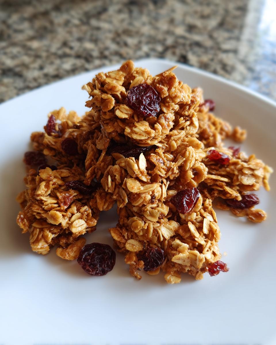 Close-up of clumps of Homemade Cinnamon Vanilla Granola mixed with dried cranberries on a white plate.