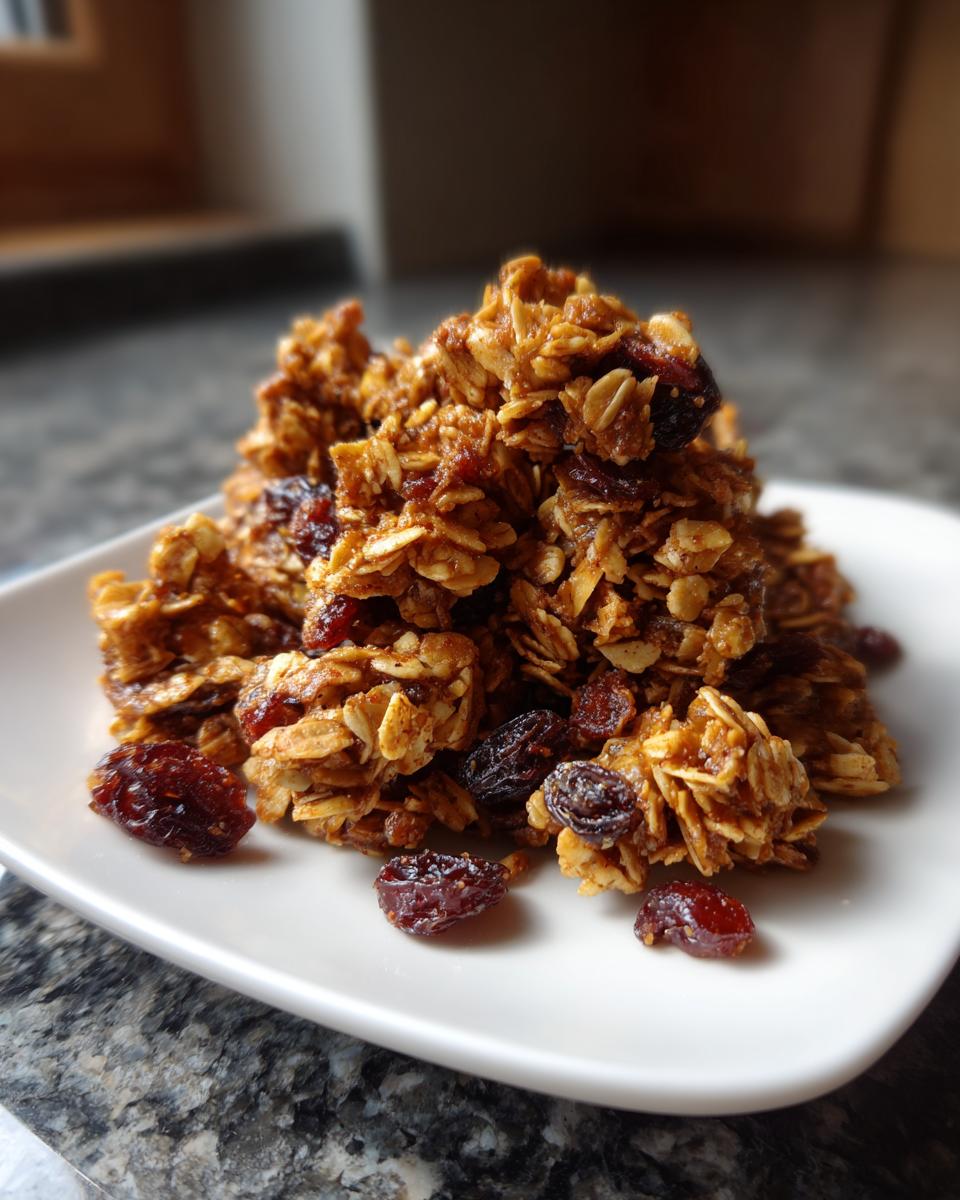 A close-up stack of golden brown Homemade Cinnamon Vanilla Granola clusters mixed with dried cranberries or raisins on a white plate.