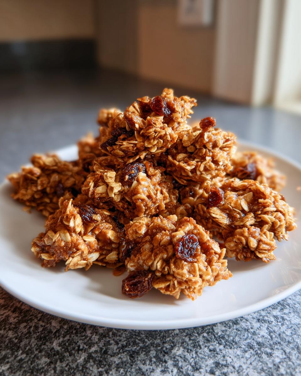 A pile of golden brown clusters of Homemade Cinnamon Vanilla Granola mixed with visible raisins on a white plate.