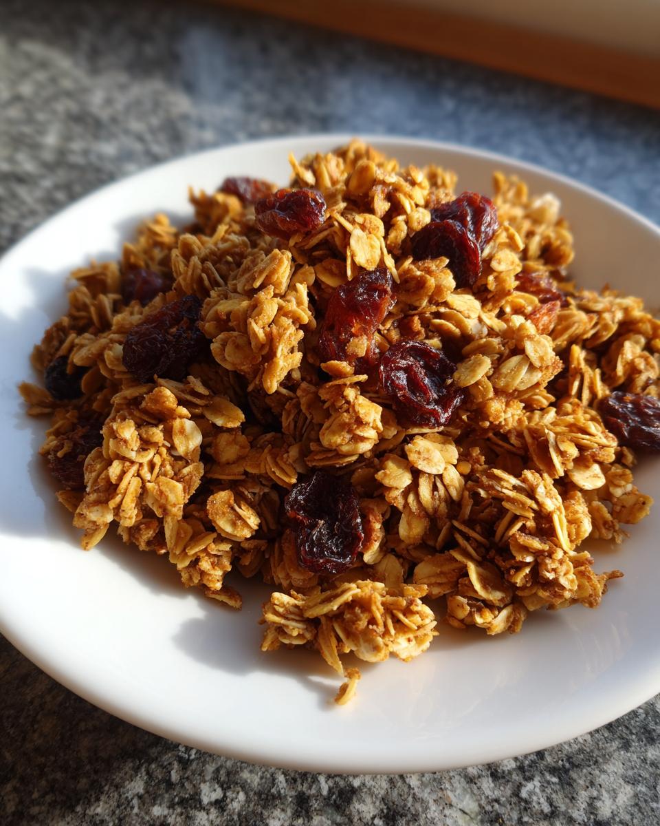 Close-up of Homemade Cinnamon Vanilla Granola clusters mixed with dried cranberries on a white plate.