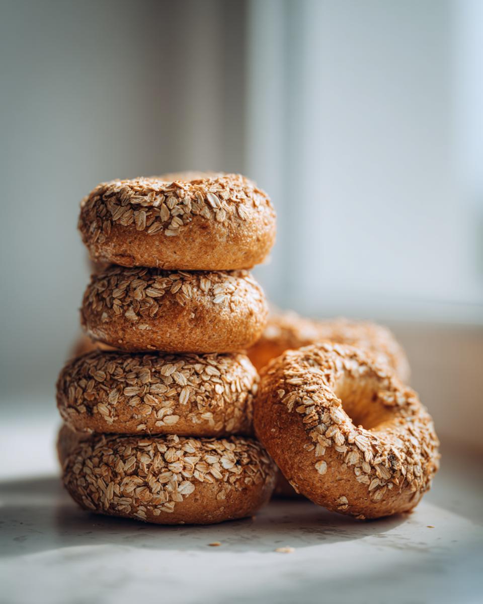 A stack of freshly baked Homemade Pumpkin Oat Bagels generously topped with rolled oats, sitting on a light surface.