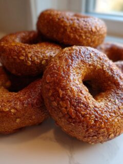 A close-up stack of five glossy, brown Homemade Pumpkin Oat Bagels sprinkled with visible oat flakes.