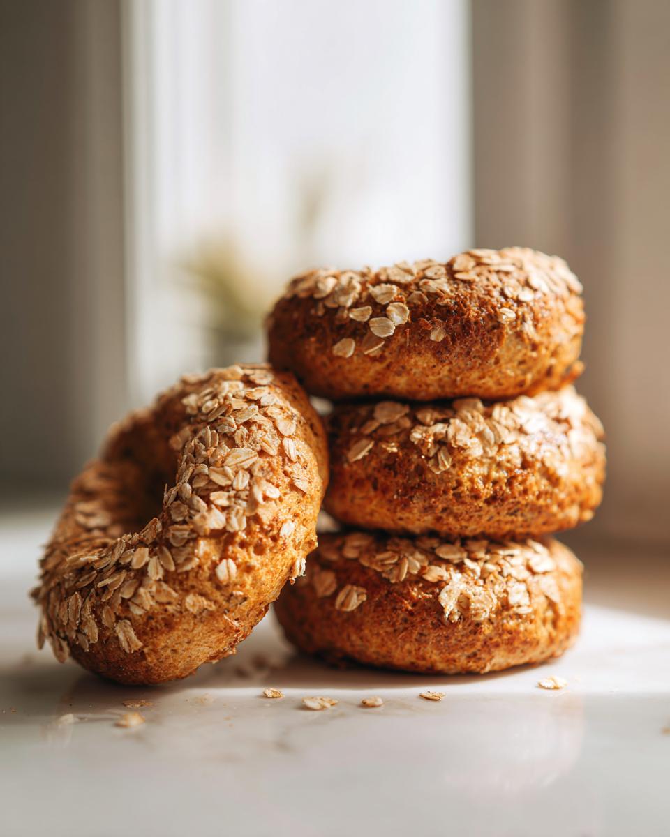 A stack of four golden brown Homemade Pumpkin Oat Bagels topped with visible rolled oats, resting on a light surface.