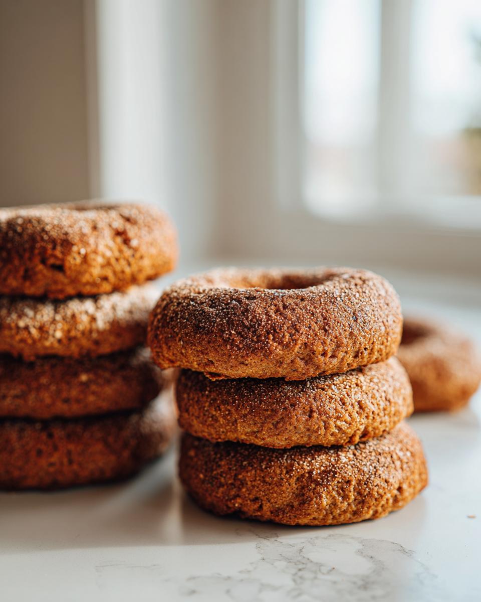 Close-up of two stacks of freshly baked Homemade Pumpkin Oat Bagels dusted with cinnamon sugar.