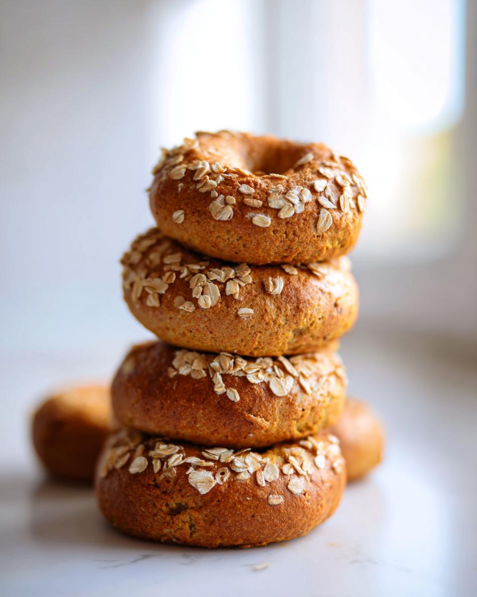 A vertical stack of four golden brown Homemade Pumpkin Oat Bagels topped with rolled oats.