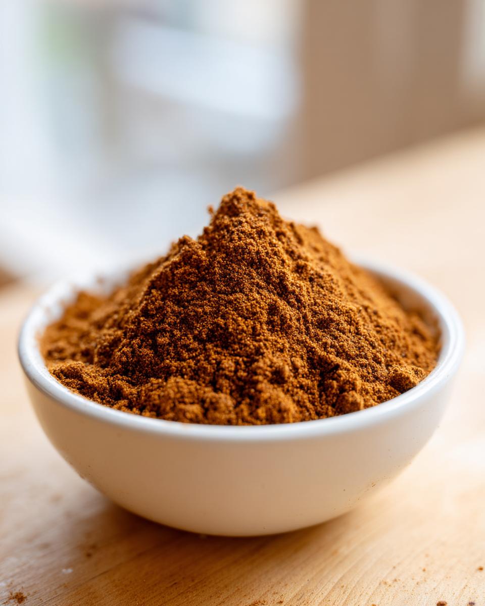 A small white bowl filled high with rich, brown Homemade Pumpkin Pie Spice Blend powder.