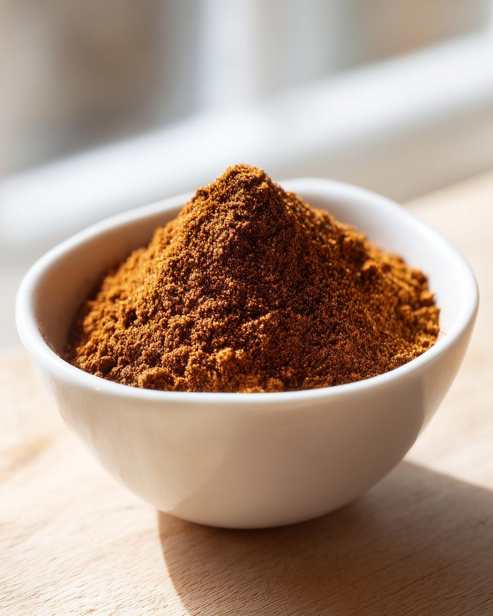 A small white bowl filled with a mound of rich, brown Homemade Pumpkin Pie Spice Blend.