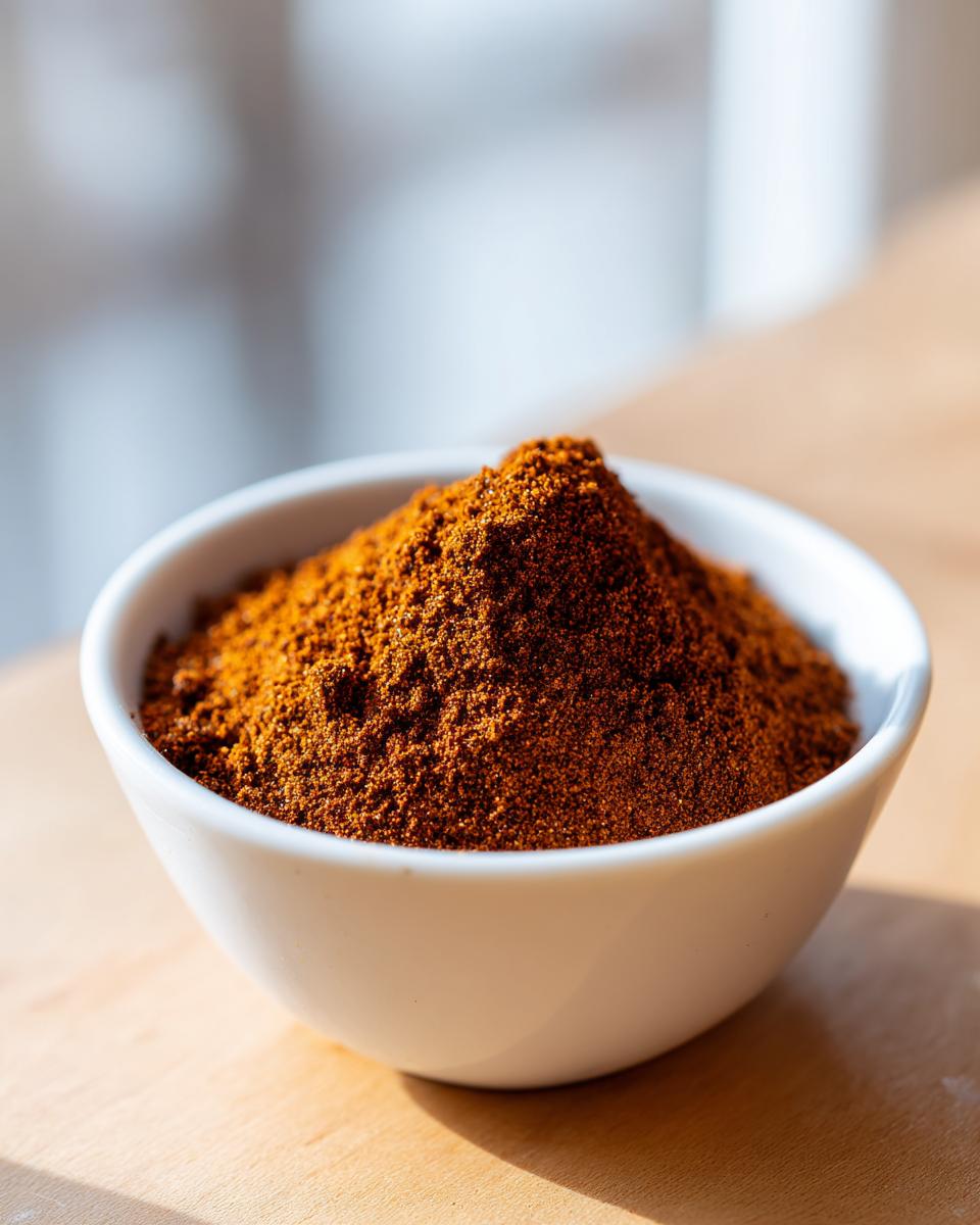 A small white bowl filled with a mound of rich, brown Homemade Pumpkin Pie Spice Blend powder.