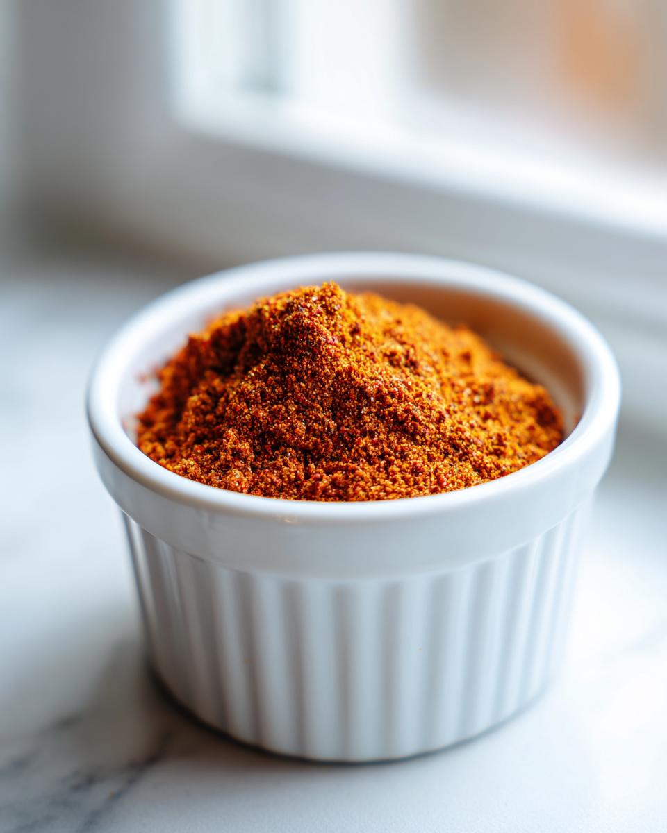 Close-up of vibrant, reddish-brown homemade Taco Seasoning Recipe powder piled high in a small white ramekin.