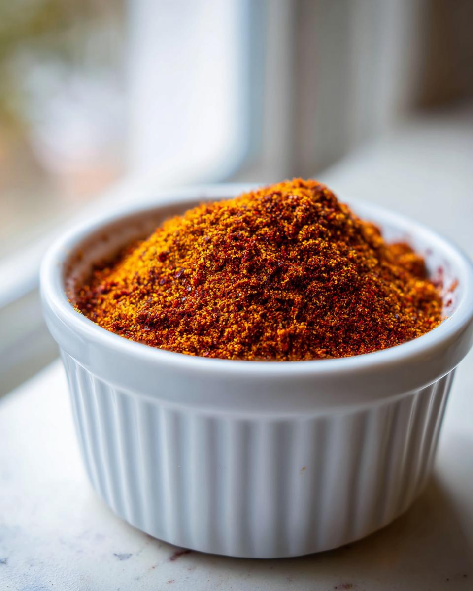 Close-up of vibrant red and orange homemade Taco Seasoning Recipe piled high in a small white ramekin.