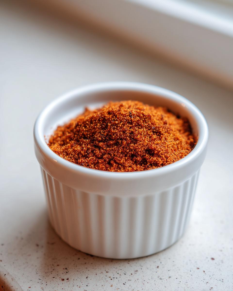 A close-up of vibrant, reddish-brown homemade Taco Seasoning Recipe blend in a small white ramekin.