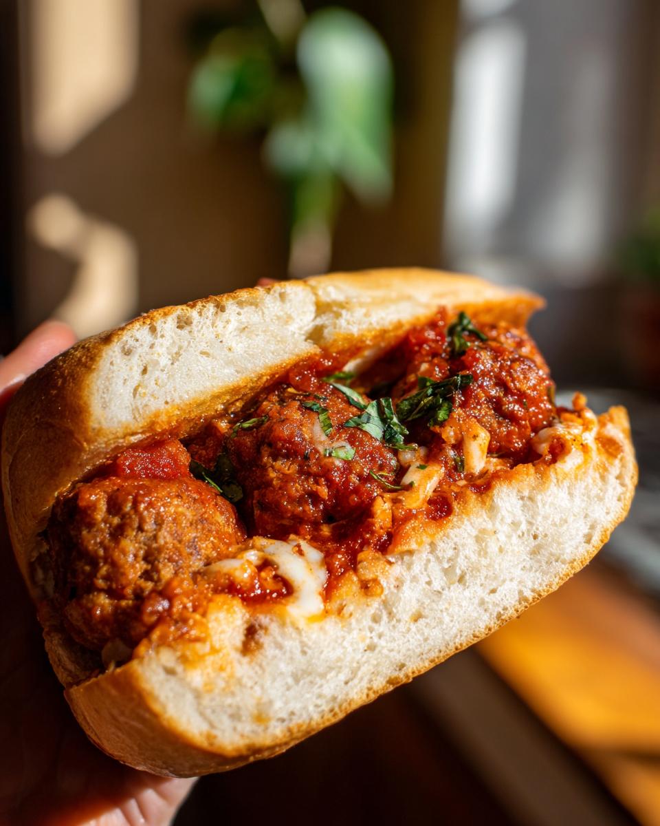 A close-up shot of a hearty Homemade Vegan Chickpea Quinoa Meatball Sub filled with meatballs, marinara sauce, and melted cheese.