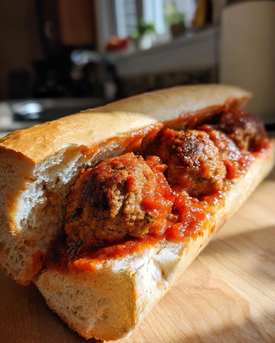 A close-up of a sub roll filled with Homemade Vegan Chickpea Quinoa Meatball Subs smothered in red sauce.