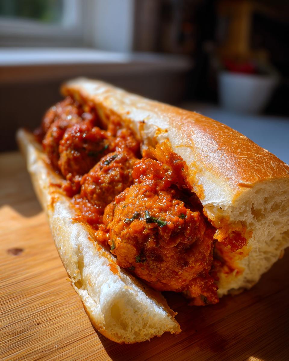 A close-up of a hearty sub roll filled with saucy Homemade Vegan Chickpea Quinoa Meatball Subs.