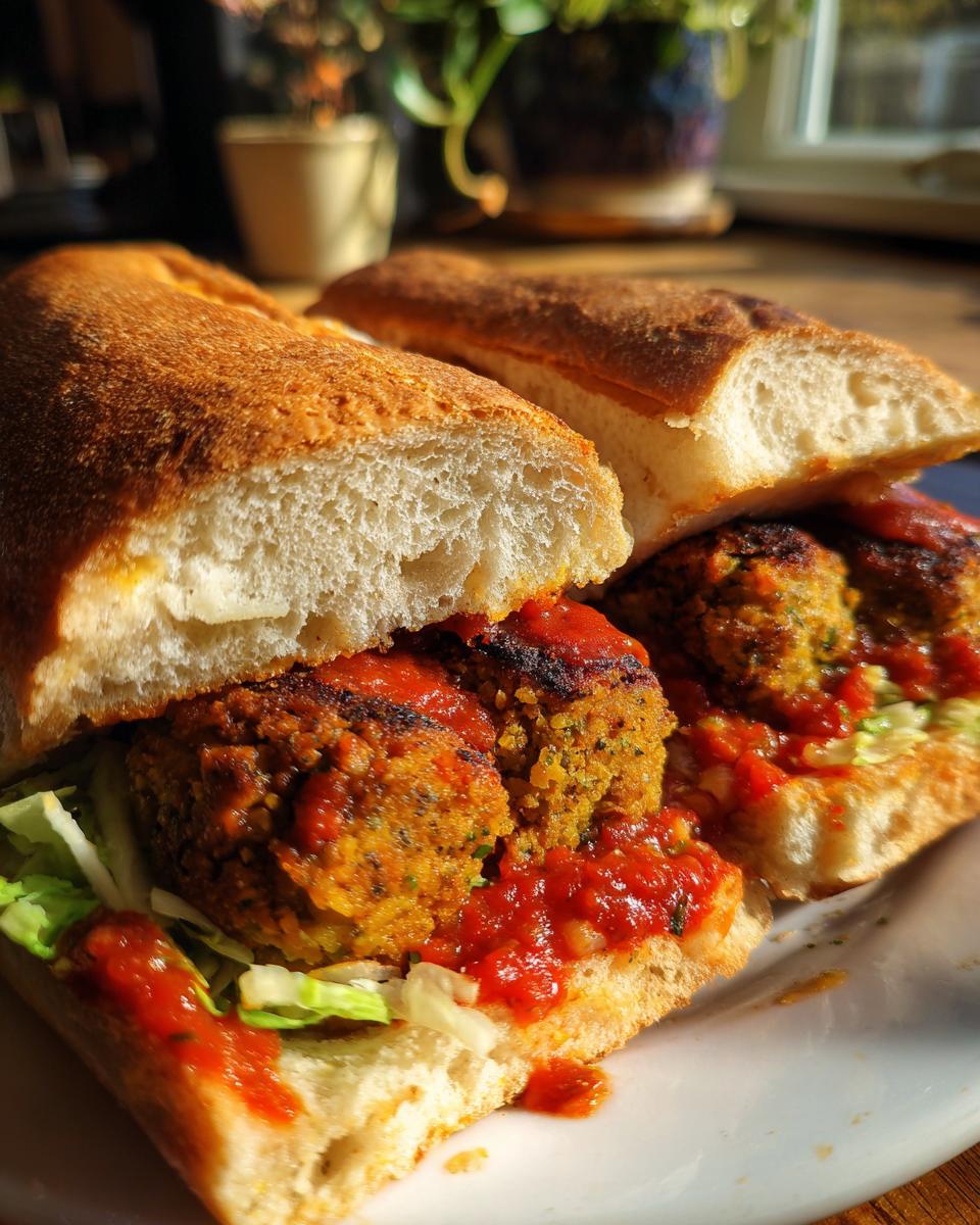 A close-up of two Homemade Vegan Chickpea Quinoa Meatball Subs filled with meatballs, marinara sauce, and lettuce on a white plate.