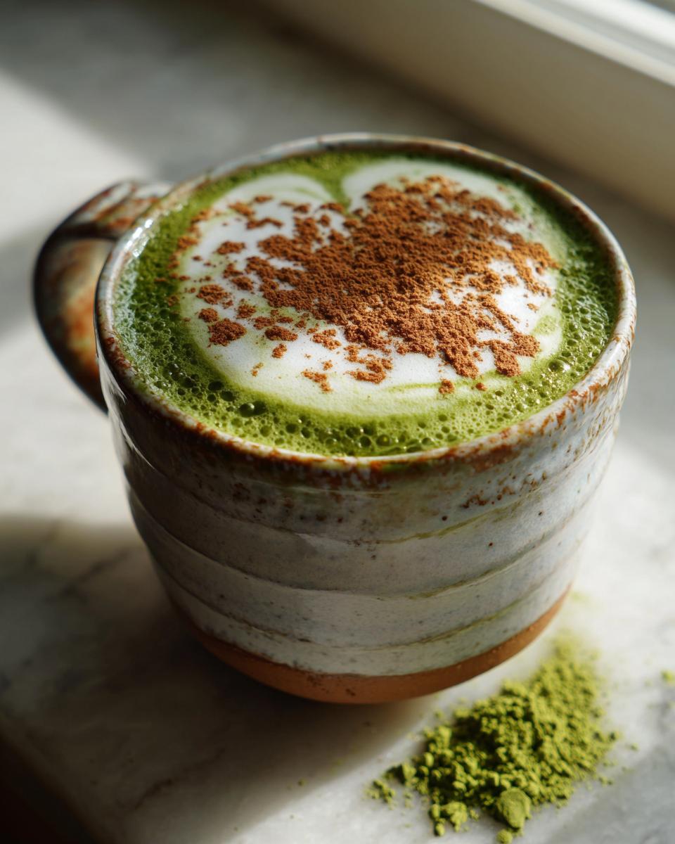 A vibrant Honey Cinnamon Matcha Latte topped with foam and cinnamon powder in a rustic ceramic mug.