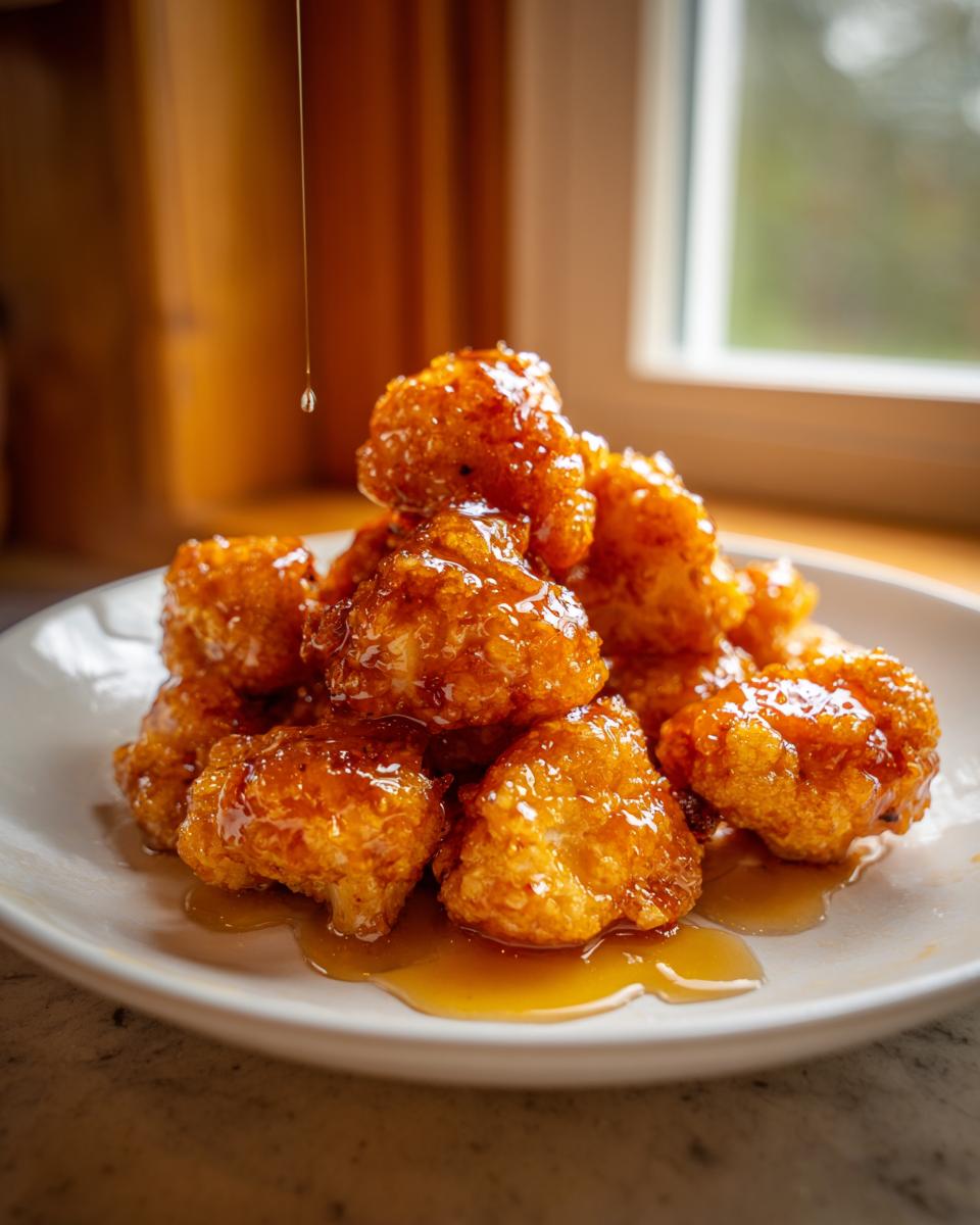 Close-up of crispy Hot Honey Cauliflower Bites piled on a white plate with honey being drizzled on top.