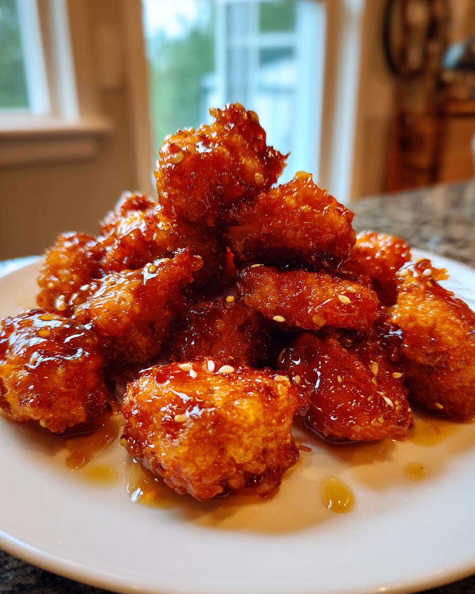 A mound of crispy, glazed Hot Honey Cauliflower Bites sprinkled with sesame seeds on a white plate.