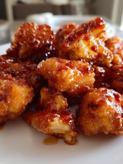 A pile of crispy, deep-fried Hot Honey Cauliflower Bites coated in a shiny, dark amber glaze on a white plate.