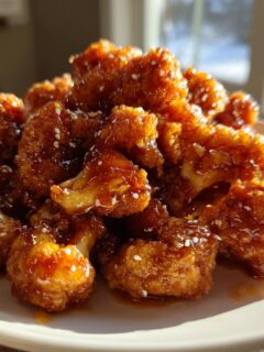 A pile of crispy, glazed Hot Honey Cauliflower Bites sprinkled with white sesame seeds on a white plate.