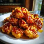 A pile of crispy, golden Hot Honey Cauliflower Bites coated in a sticky, spicy glaze and sprinkled with sesame seeds.