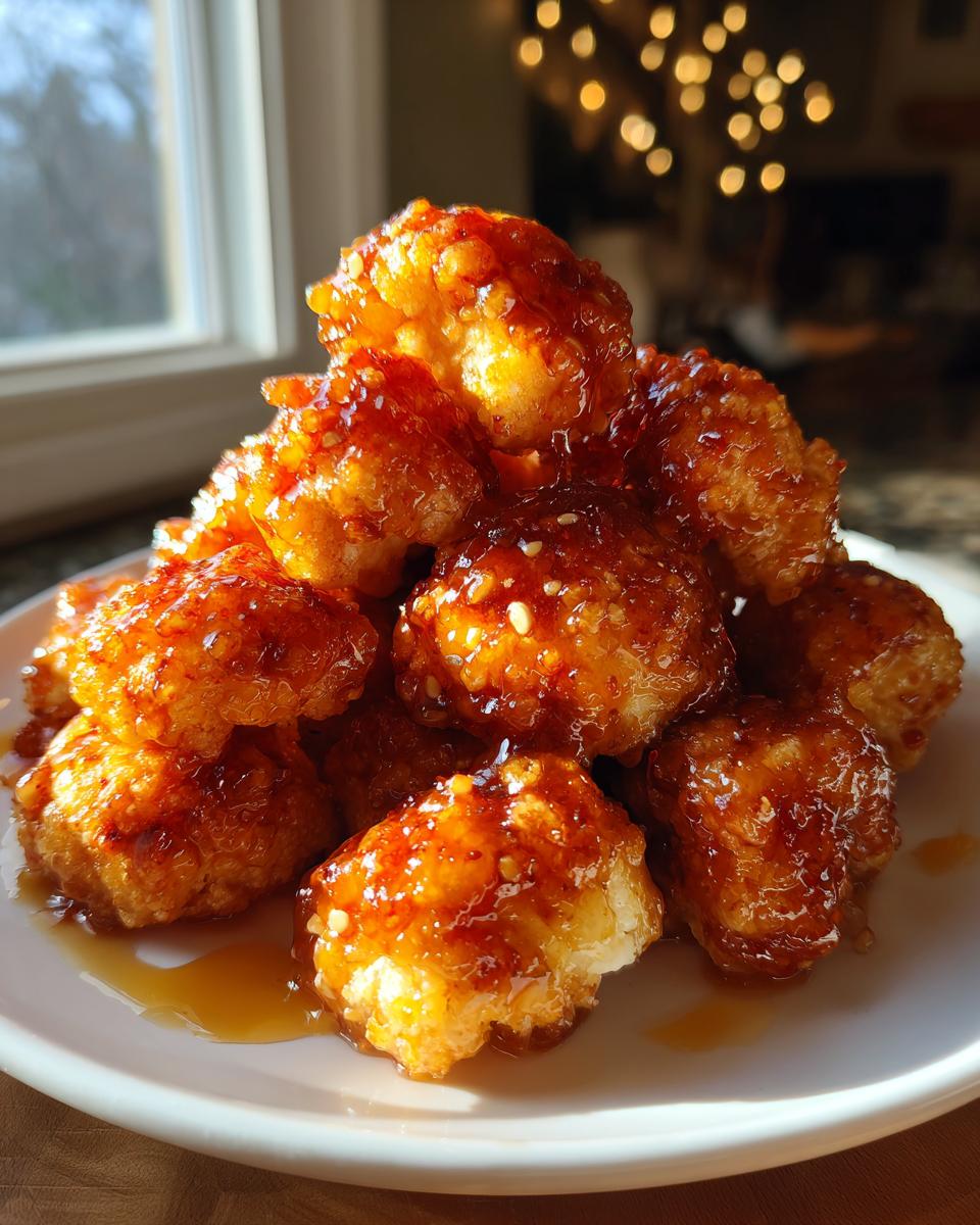 A close-up stack of crispy, golden Hot Honey Cauliflower Bites generously coated in a shiny, reddish-orange glaze and sprinkled with sesame seeds.