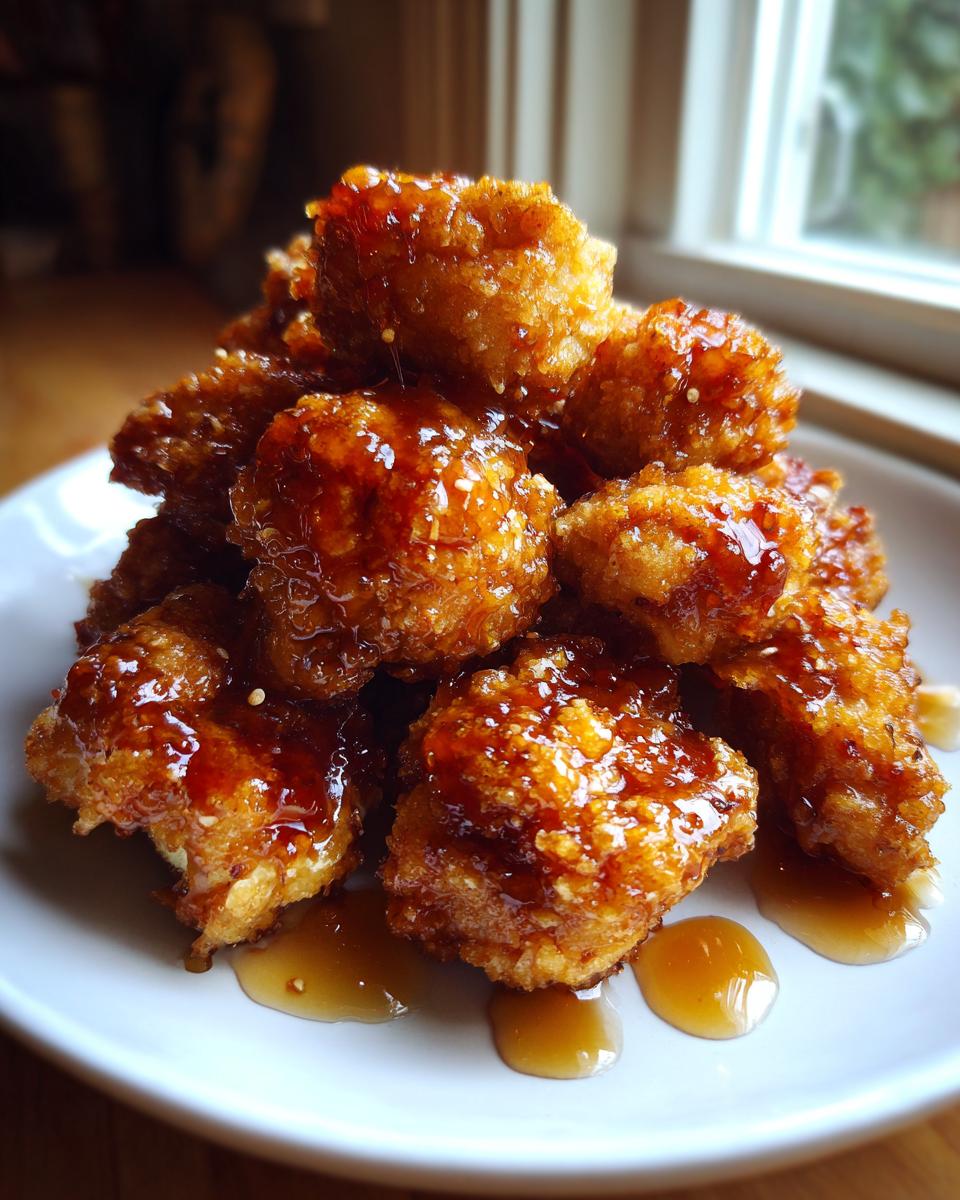 A mound of crispy, golden Hot Honey Cauliflower Bites generously drizzled with sticky, amber-colored honey glaze.