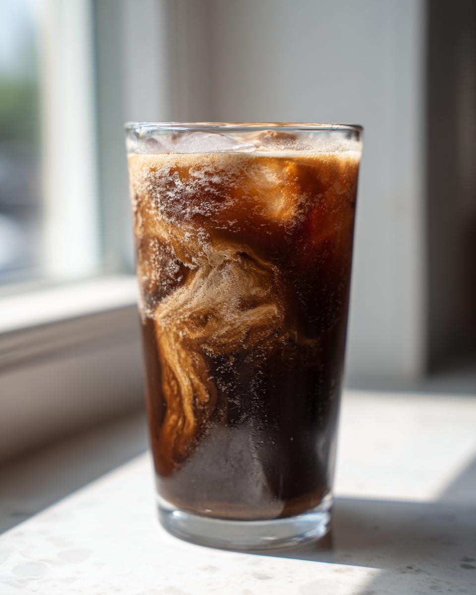 Close-up of a tall glass showing the rich swirls of peanut butter mocha smoothie ingredients mixing over ice.