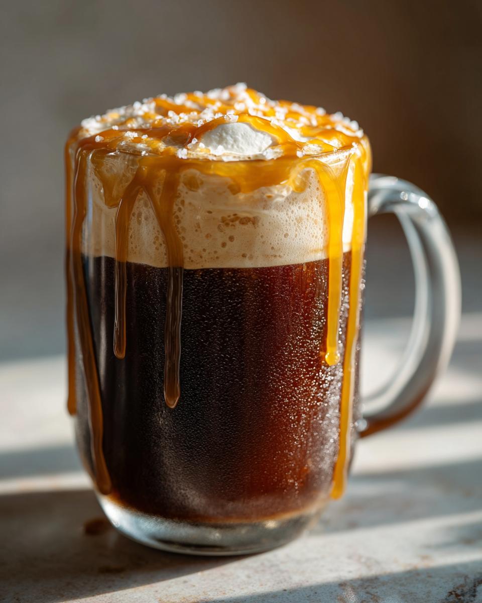A refreshing Salted Caramel Mocha Latte in a glass mug, topped with foam, caramel drizzle, and sea salt.