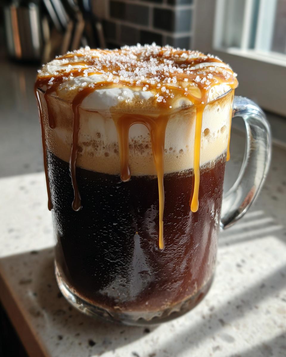 Close-up of a refreshing Salted Caramel Mocha Latte topped with whipped cream, caramel drizzle, and sea salt.