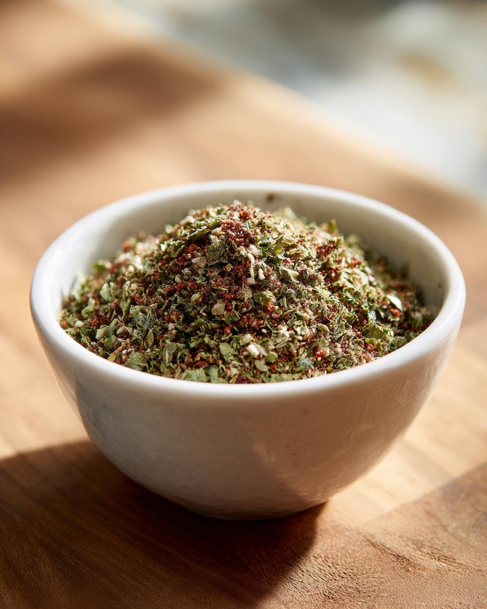 Close-up of a small white bowl filled with Italian Seasoning Easy Homemade Blend on a wooden surface.