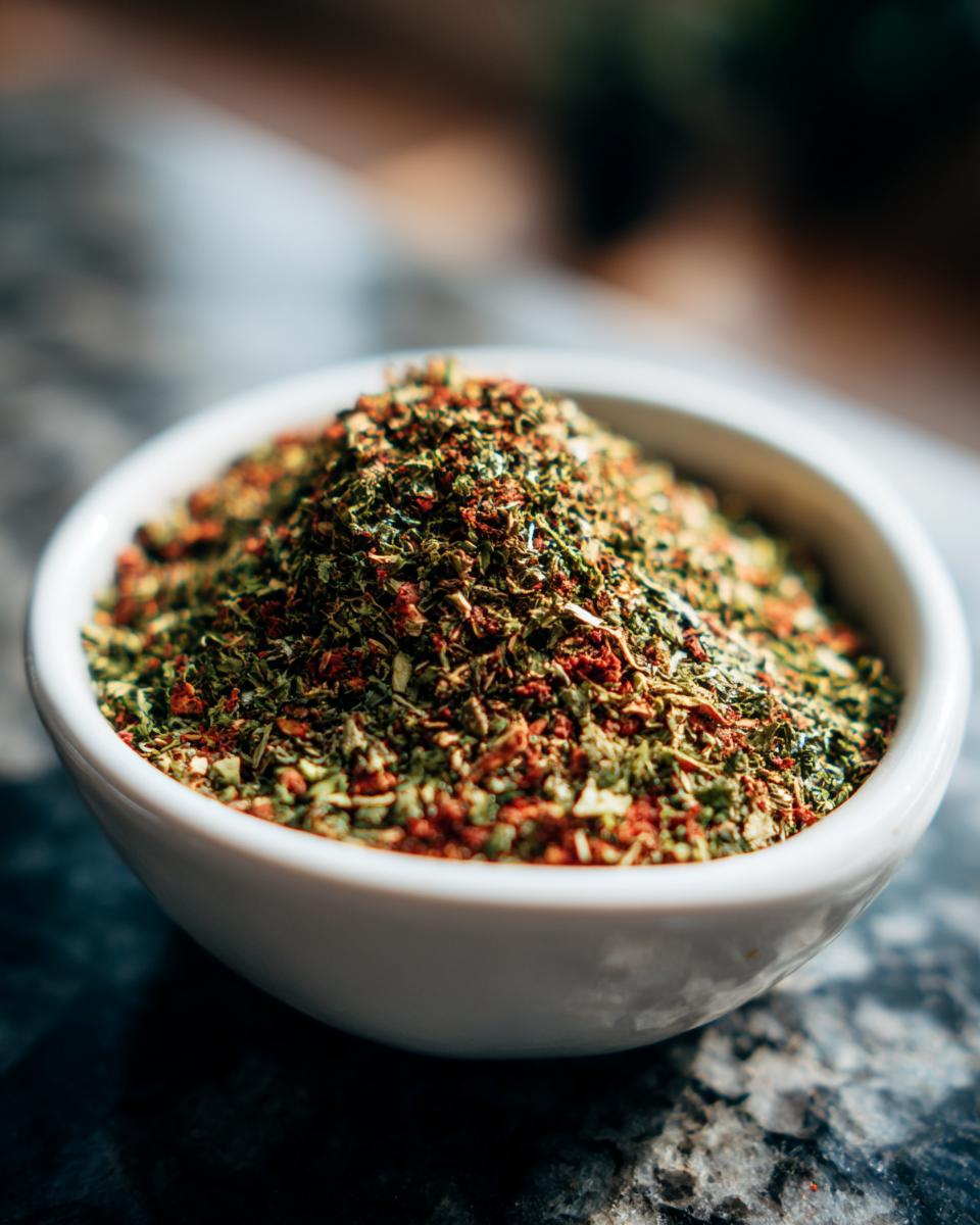 Close-up of a small white bowl filled with a mound of Italian Seasoning Easy Homemade Blend.