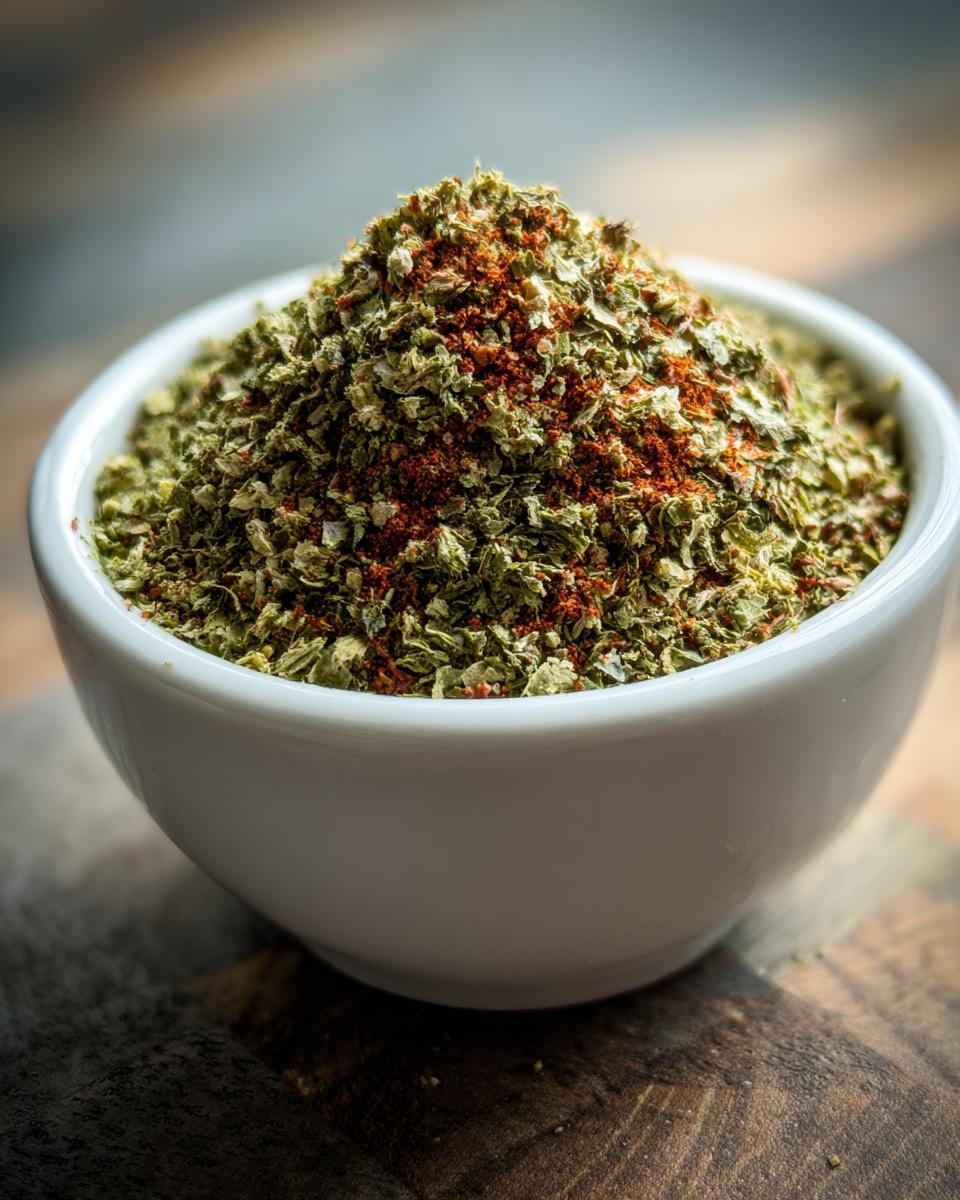 A close-up of a small white bowl filled high with a freshly made Italian Seasoning Easy Homemade Blend, showing green herbs and red spices.