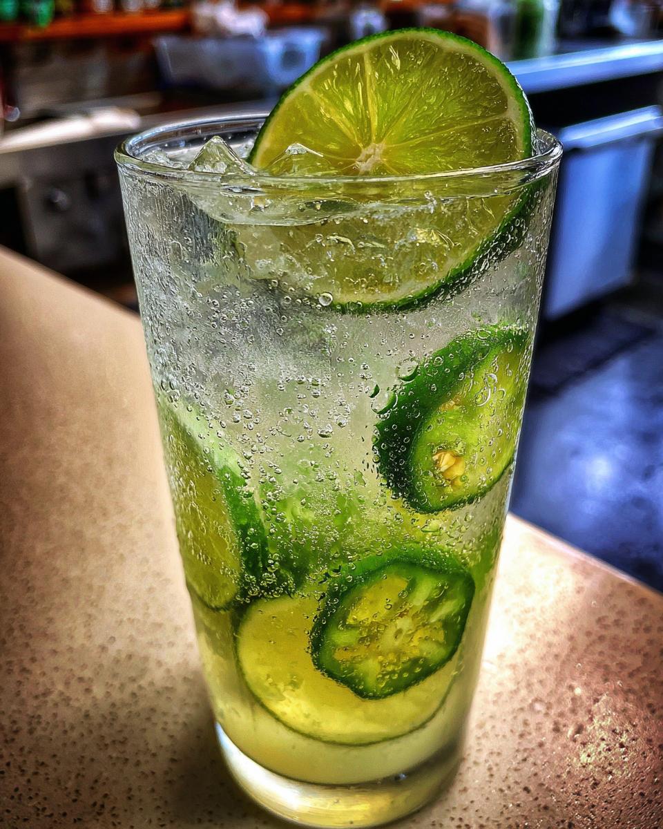 Close-up of a tall glass filled with a sparkling Jalapeno Lemon Lime Mocktail, ice, and lime slices.