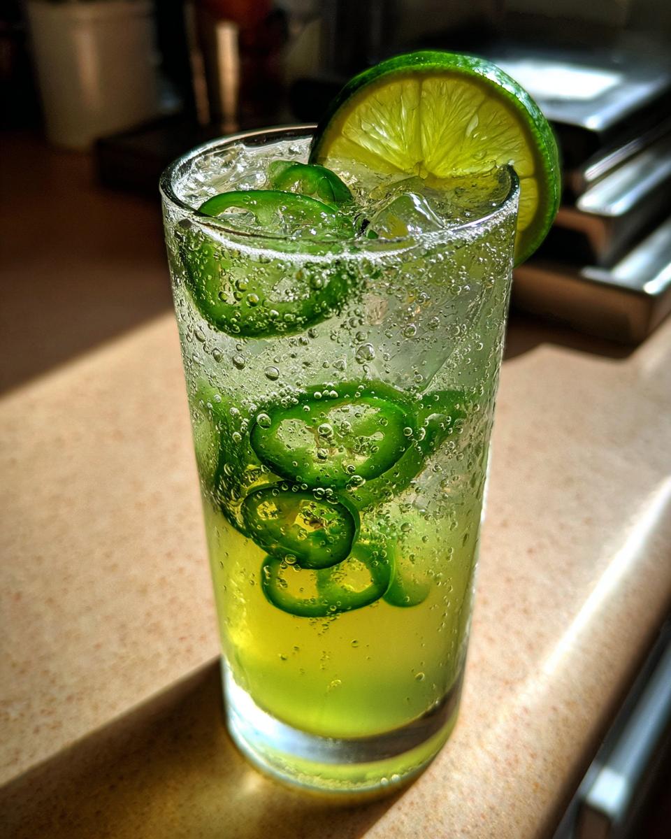 Close-up of a tall glass filled with a bubbly Jalapeno Lemon Lime Mocktail, ice, and sliced jalapenos.