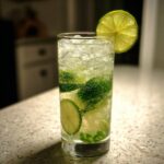 A tall glass filled with a bubbly Jalapeno Lemon Lime Mocktail, ice, lime slices, and visible jalapeno pieces.