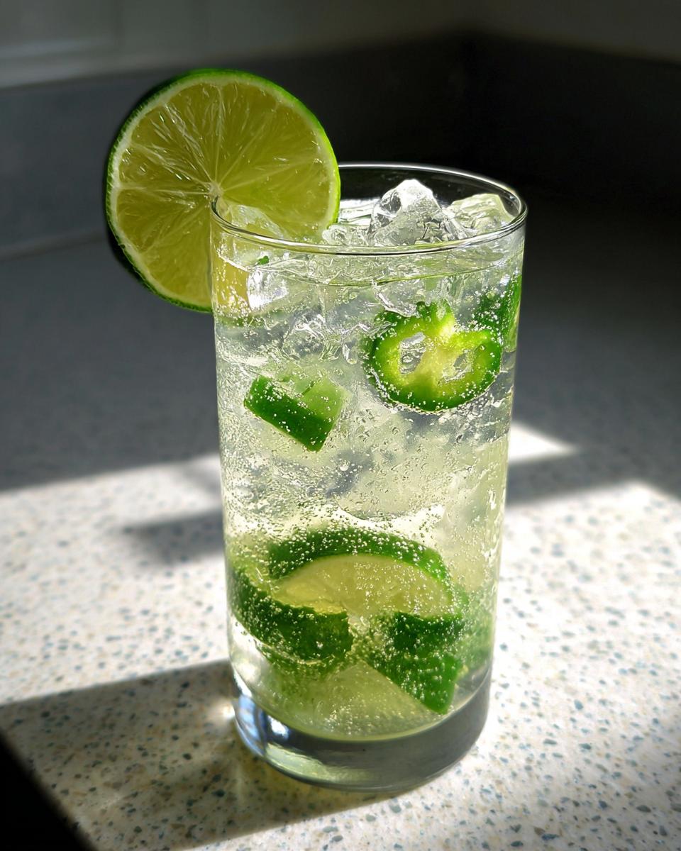 A tall glass filled with a bubbly Jalapeno Lemon Lime Mocktail, ice, lime slices, and jalapeno rounds.