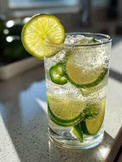 A tall glass filled with a bubbly Jalapeno Lemon Lime Mocktail, garnished with lime slices and a jalapeno ring.