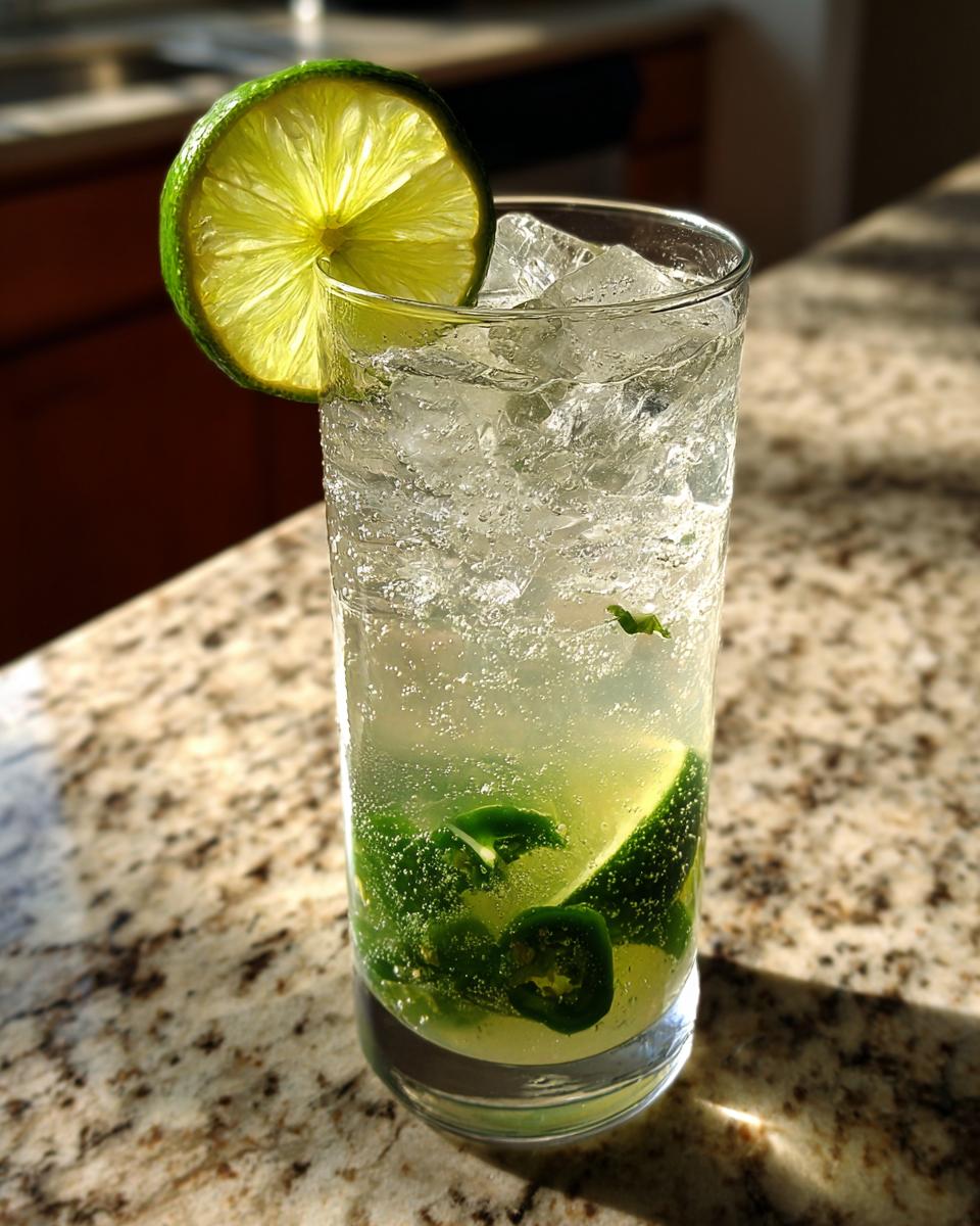 A tall glass filled with ice, lime juice, and slices of jalapeno for a Jalapeno Lemon Lime Mocktail.