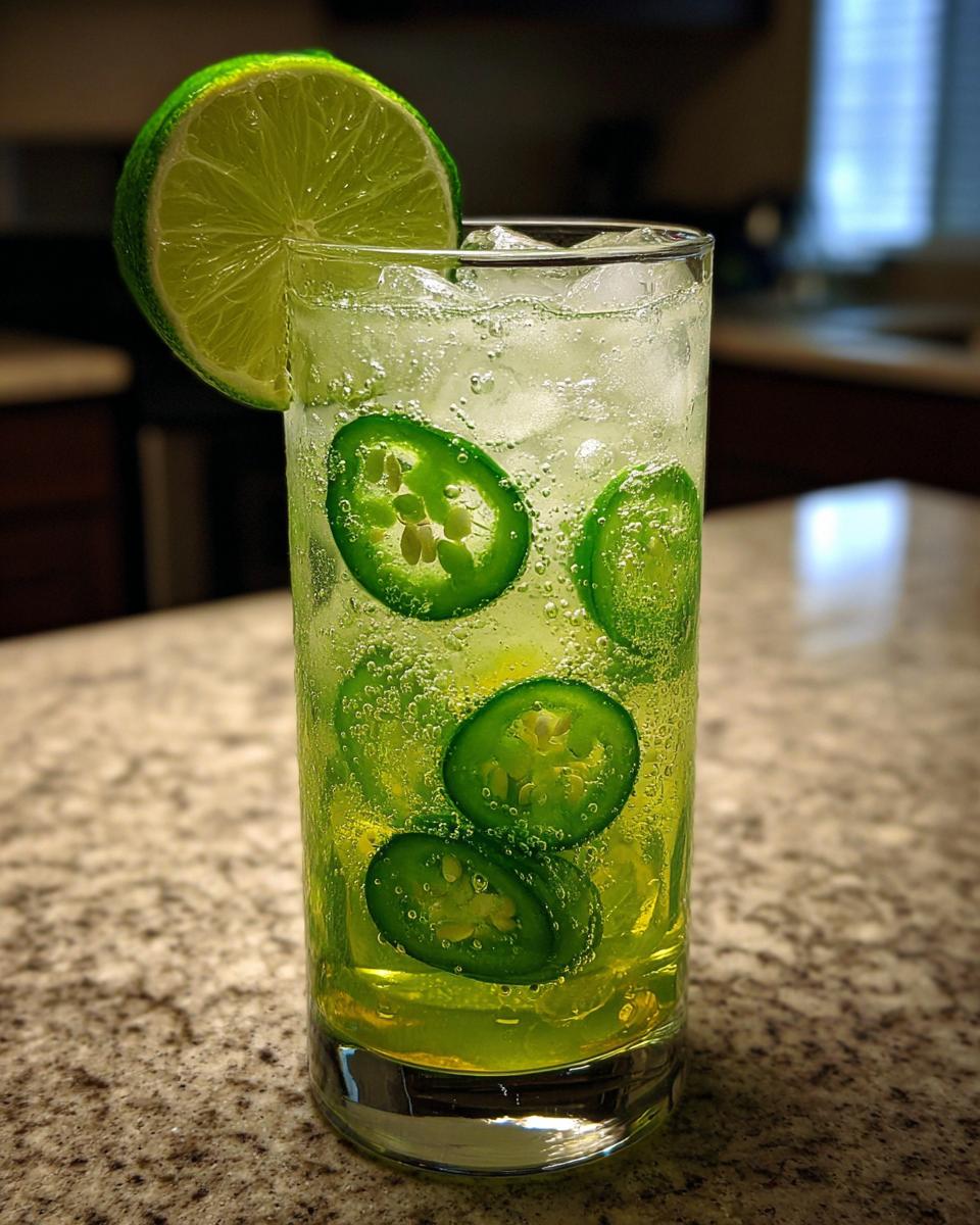 Close-up of a tall glass filled with a bubbly Jalapeno Lemon Lime Mocktail, ice, and floating jalapeno slices, garnished with a lime wheel.